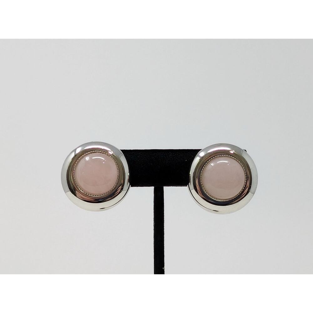 Silver Tone Pink Round Dome Button Clip On Earrings Classic Office